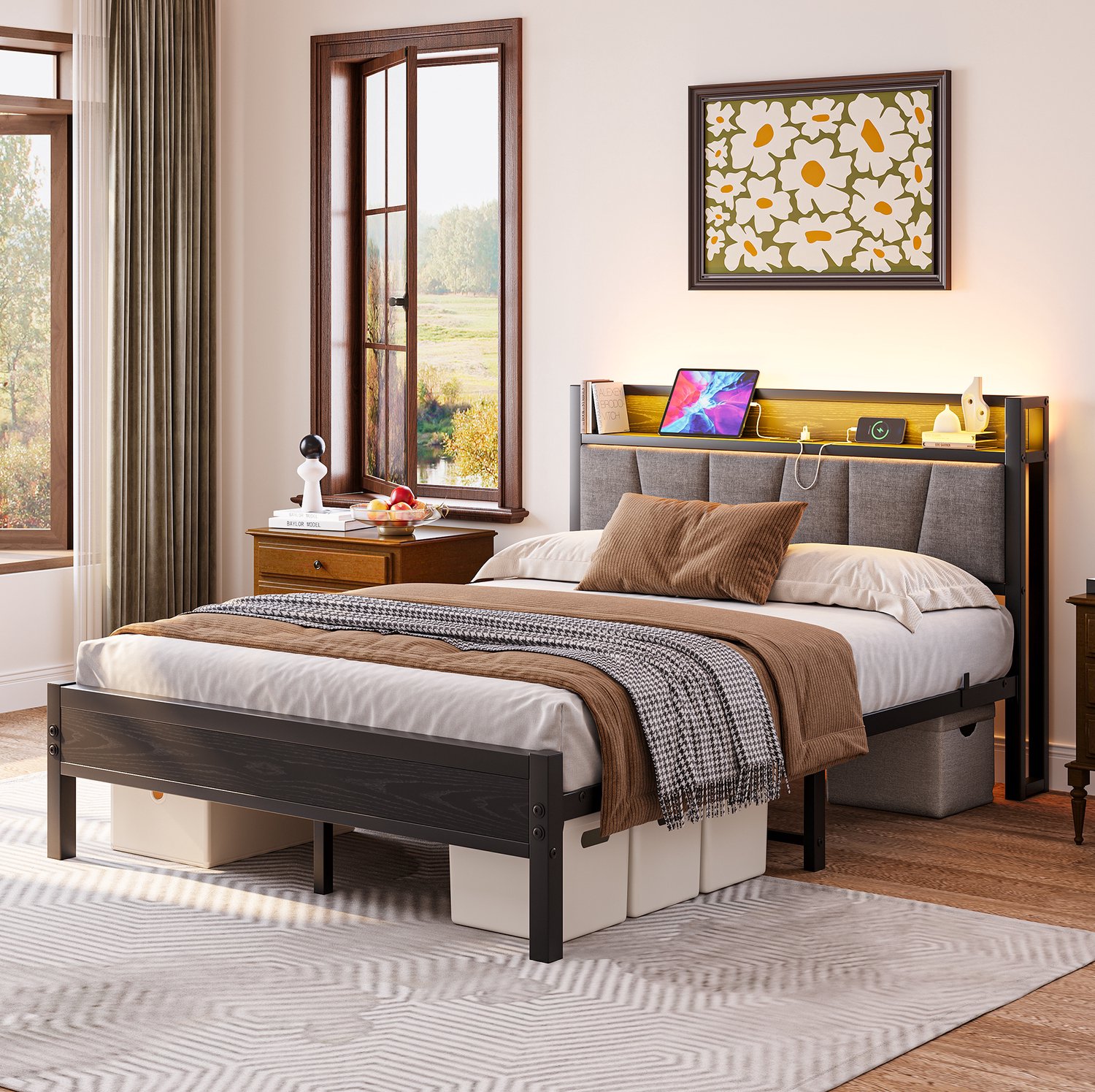 CHICFURN Bedframe 140x190 cm - LED-verlichting - USB en stopcontact - opberghoofdbord