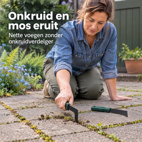 Cheqo® Voegenkrabber Set van 2 - Onkruidkrabber - Voegenmes - Onkruidmes - Onkruidsteker - Onkruidschraper - Onkruid en Mos Verwijderen Tussen Tegels - Onkruidverwijderaar - Voegenschraper - Tegelritser - Tuingereedschap - Donkergroen — afbeelding 2