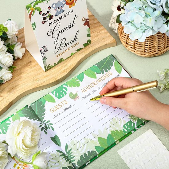 27 stuks jungle safari babyshower gastenboek set babyshower login gast bos babyshower boek plaats tafelkaarten met gouden pen zelfklevende fotohoek voor verjaardag babyshower, 100 pagina's — afbeelding 5