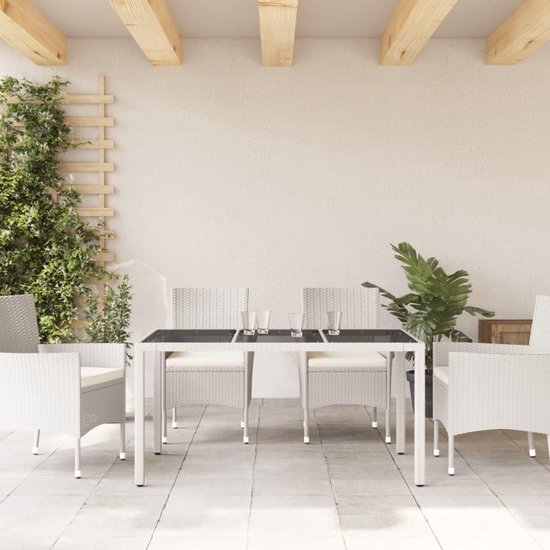 Tuintafel, 150 x 90 x 75 cm, met glasplaat, wit, voor terras, tuin of achtertuin, stabiel gepoedercoat stalen frame, onderhoudsvriendelijk PE-rotan — afbeelding 3