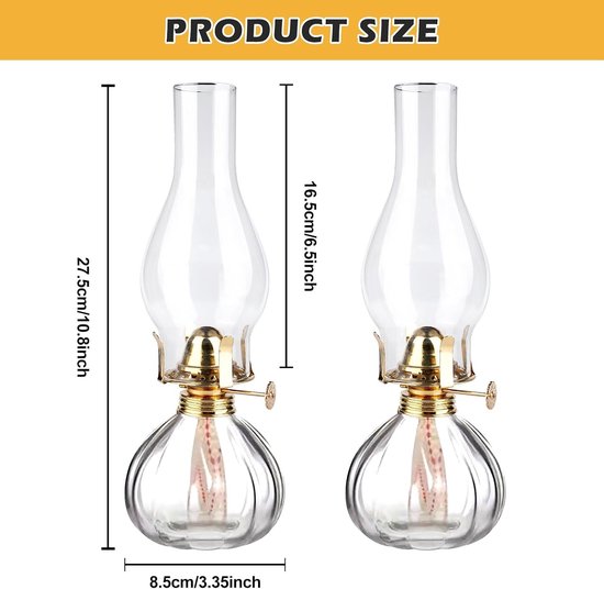 Petroleumlampen - Glas - 27,5 x 8,5 cm - Retro Olielampen met Instelbare Helderheid - Voor Binnenruimtes en Noodverlichting — afbeelding 2