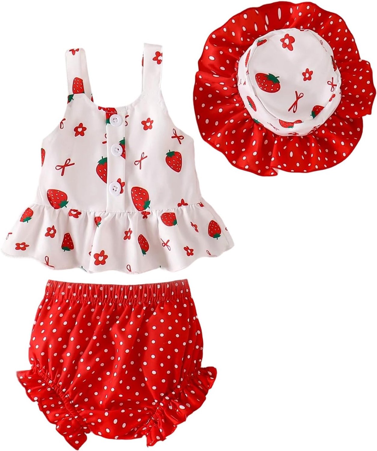 Babykleding voor meisjes, bovendeel met aardbeienpatroon, gestippelde shorts en hoed, zomeroutfits