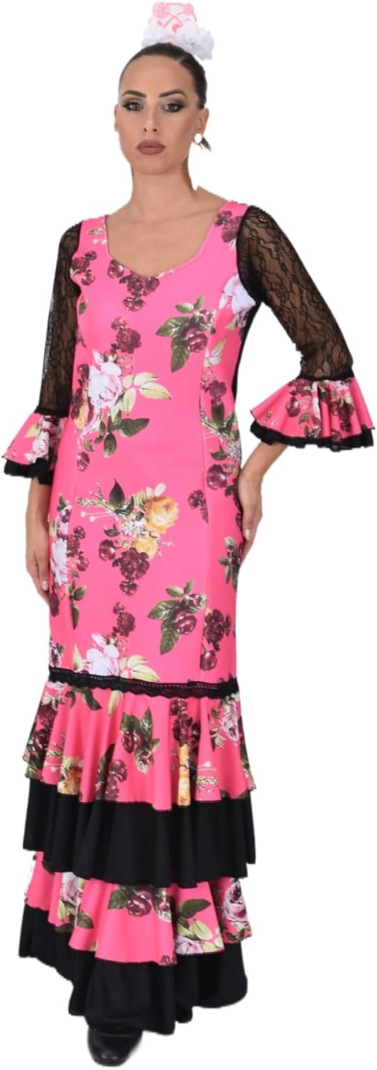 Flamenco-jurk voor dames met ruches, beurs- of Sevillana-kostuum met kanten mouwen en bloemenprint