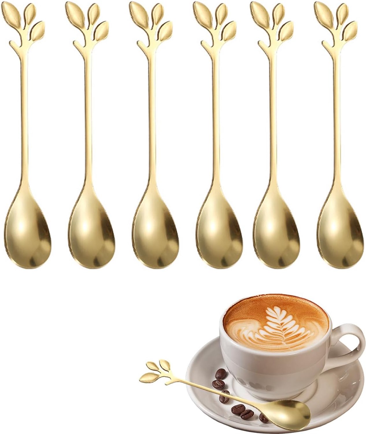 Koffielepels 6 stuks design met bladgoud bijzondere kenmerken van roestvrij staal voor espresso, thee en desserts, elegant cadeau.