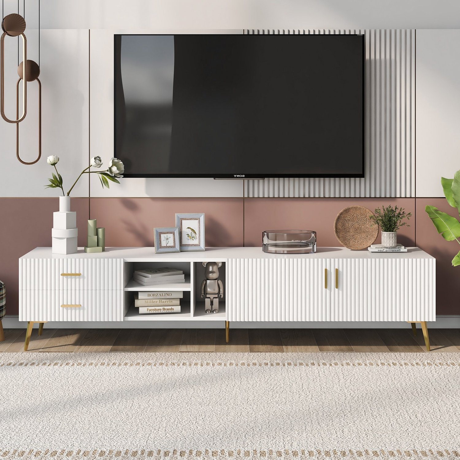 Tv-meubel 180x35x41 cm - lowboard met lades en deuren - gouden poten - tv tot 80 inch - wit