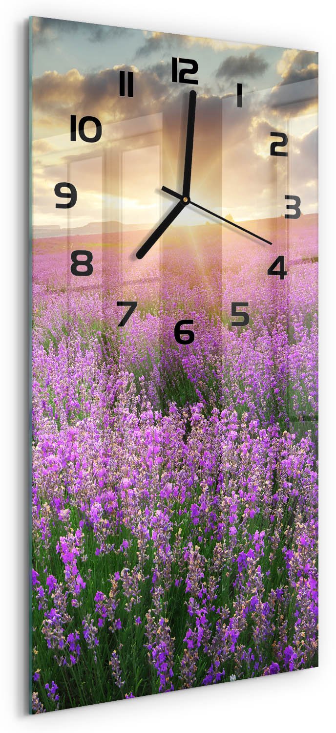 Tulup Wandklok - Lavendelveld Decoratieve Glazen Klok - 30x60 cm - Paars Glazen Wandklok Design - Zwarte handen - Rechthoekige Klok - Glazen Klok Met Print - Wandklok Glas Met Motief
