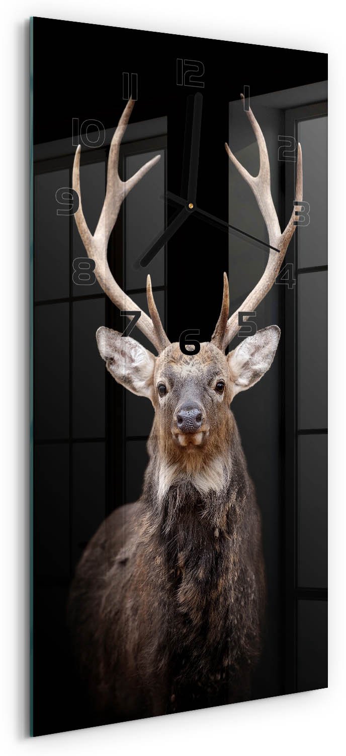 Tulup Wandklok - Hert Glazen Wandklok Design - 30x60 cm - Zwart Klok Glas Met Opdruk - Zwarte handen - Rechthoekige Klok - Wandklok Glas Met Motief - Decoratieve Glazen Klok