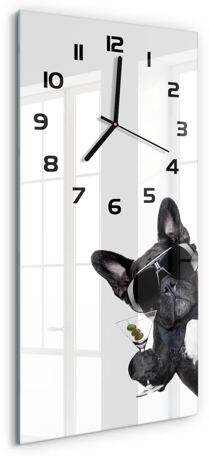 Tulup Wandklok - Martini Dog Wandklok Glas Decoratie - 30x60 cm - Zwart Gekleurde Glazen Klok - Zwarte handen - Rechthoekige Klok - Klok Glas Met Opdruk - Moderne Wandklok Glas