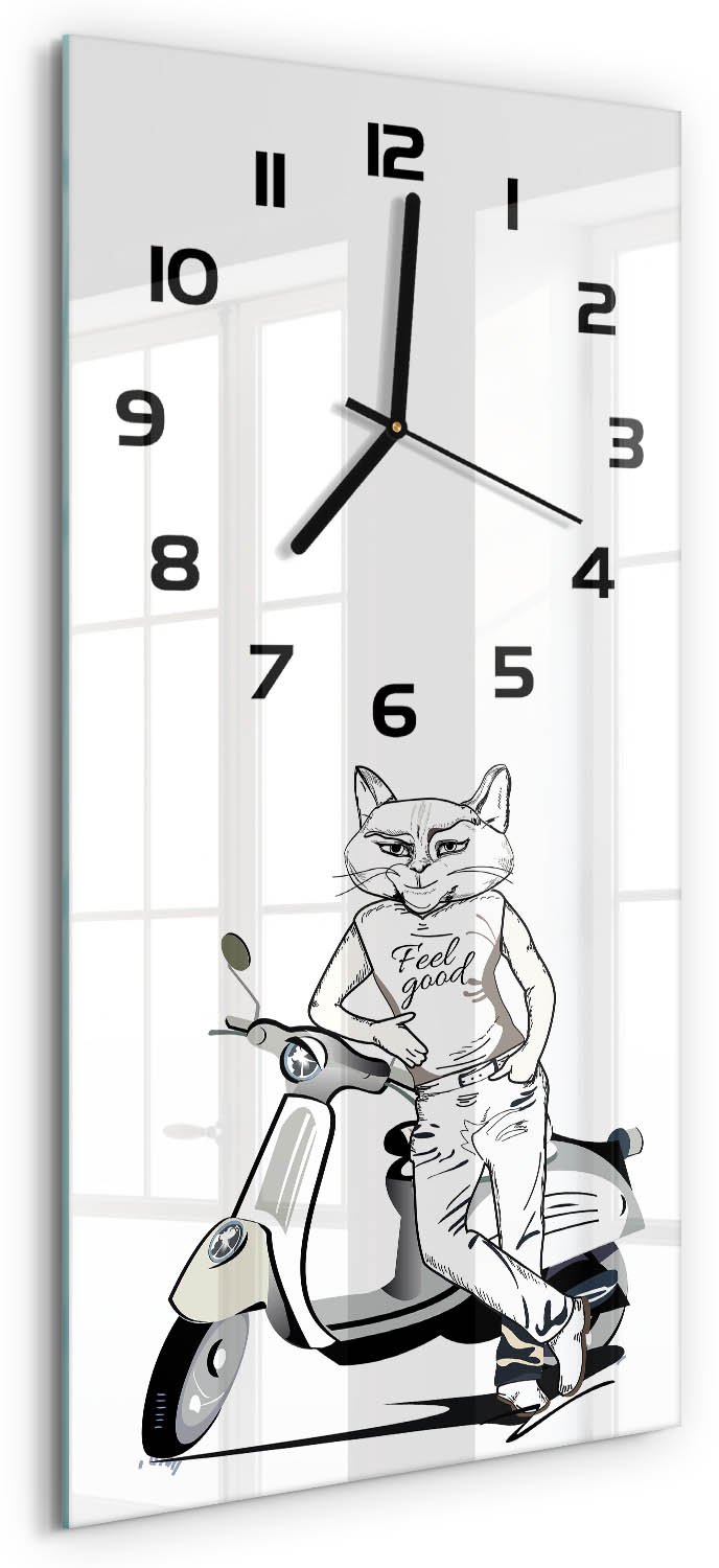 Tulup Wandklok - Mannelijke katten Glazen Wandklok Design - 30x60 cm - Zwart-wit Klok Glas Met Opdruk - Zwarte handen - Rechthoekige Klok - Wandklok Glas Met Motief - Decoratieve Glazen Klok