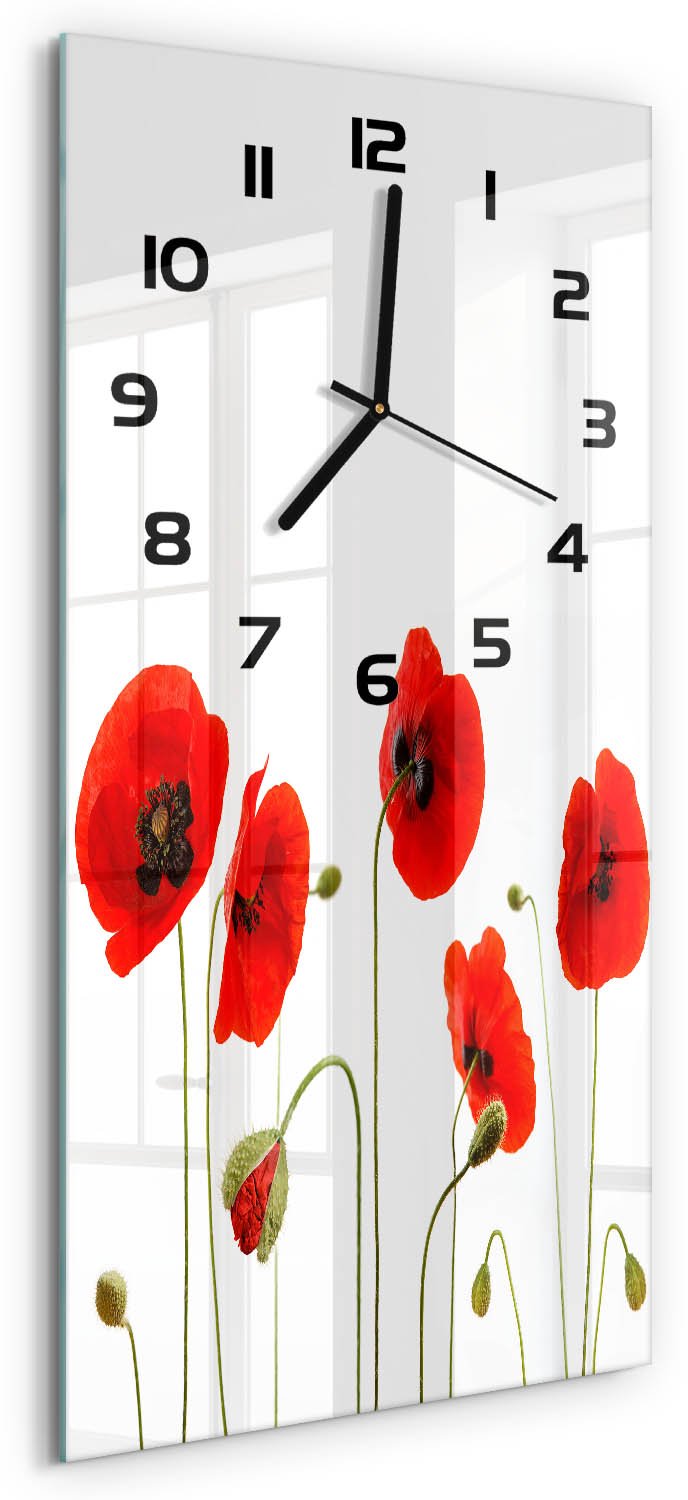 Tulup Wandklok - Klaprozen Klok Glas Met Opdruk - 30x60 cm - Rood Moderne Wandklok Glas - Zwarte handen - Rechthoekige Klok - Decoratieve Glazen Klok - Glazen Wandklok Design