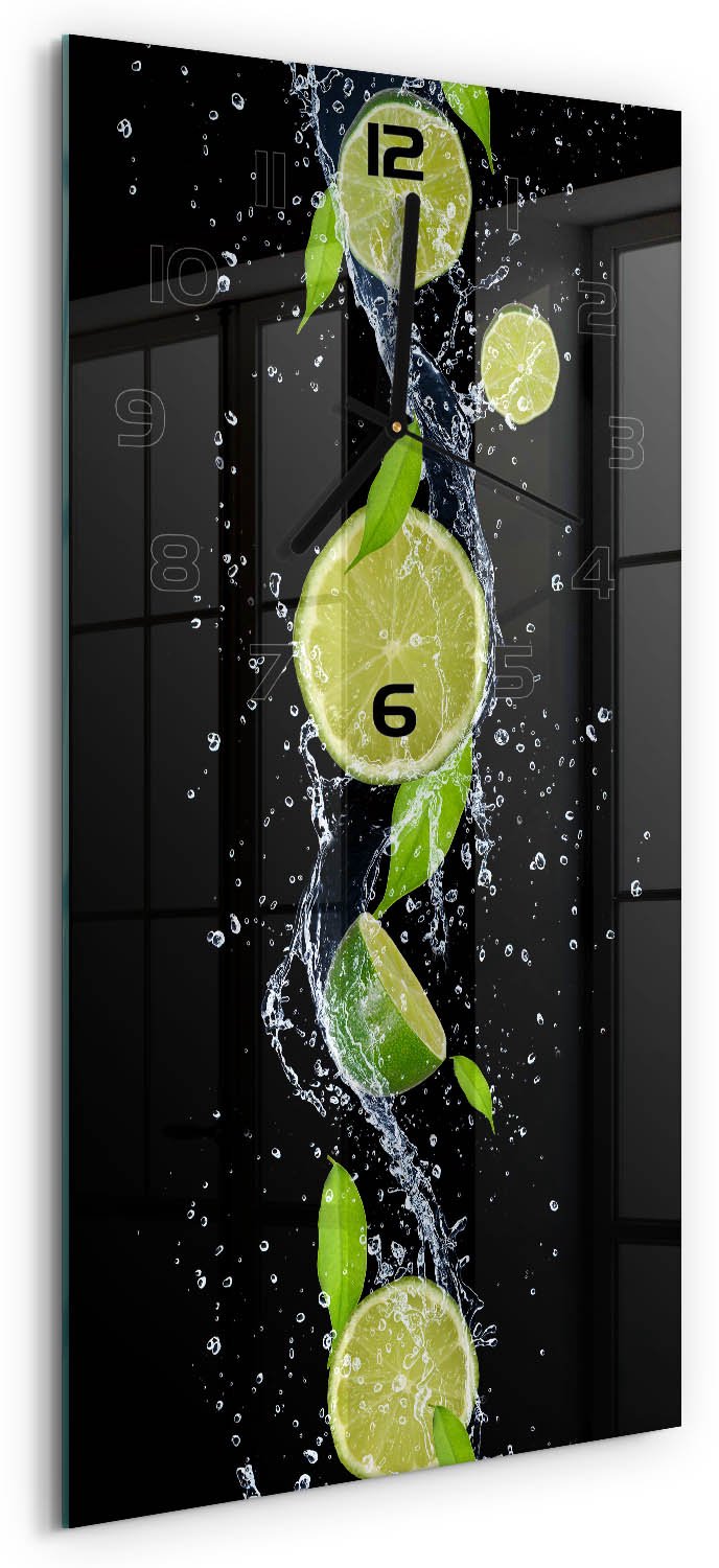 Tulup Wandklok - Kalk en water Glazen Wandklok Design - 30x60 cm - Groente Klok Glas Met Opdruk - Zwarte handen - Rechthoekige Klok - Wandklok Glas Met Motief - Decoratieve Glazen Klok