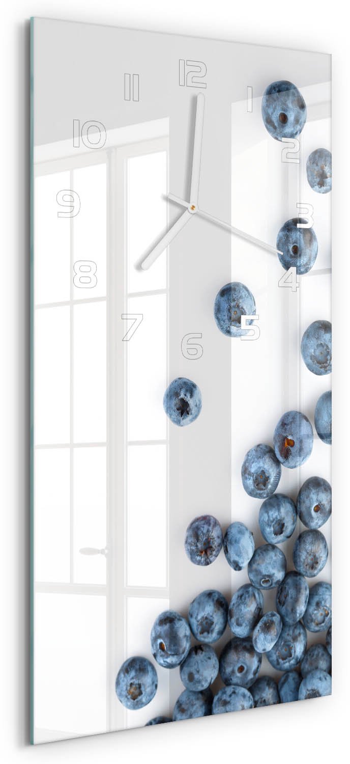 Tulup Wandklok - Bosbessen Wandklok Glas Decoratie - 30x60 cm - Blauw Gekleurde Glazen Klok - Witte handen - Rechthoekige Klok - Klok Glas Met Opdruk - Moderne Wandklok Glas