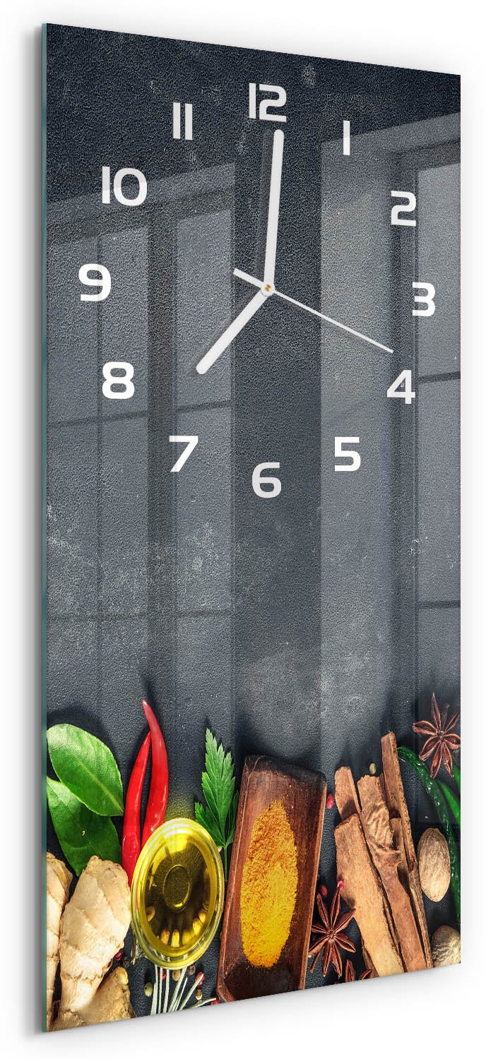 Tulup Wandklok - Kruiden en specerijen Gekleurde Glazen Klok - 30x60 cm - Veelkleurig Glazen Klok Met Print - Witte handen - Rechthoekige Klok - Moderne Wandklok Glas - Wandklok Glas Decoratie