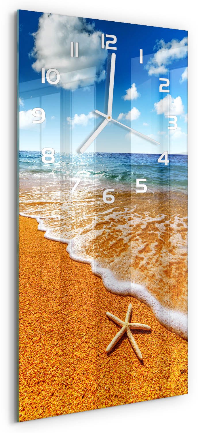 Tulup Wandklok - Zeesterren op het strand Glazen Wandklok Design - 30x60 cm - Oranje Klok Glas Met Opdruk - Witte handen - Rechthoekige Klok - Wandklok Glas Met Motief - Decoratieve Glazen Klok