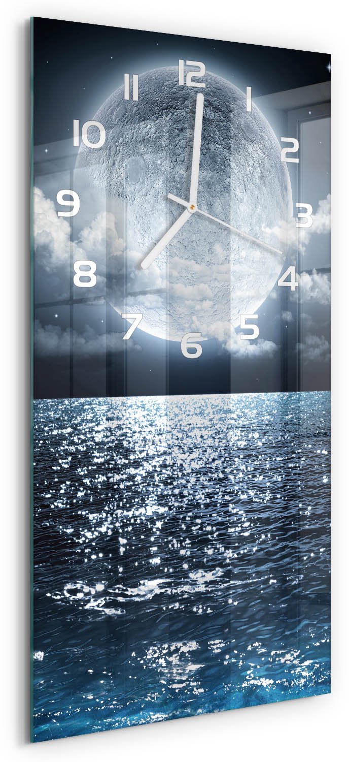 Tulup Wandklok - Volle maan Glazen Wandklok Design - 30x60 cm - Blauw Klok Glas Met Opdruk - Witte handen - Rechthoekige Klok - Wandklok Glas Met Motief - Decoratieve Glazen Klok