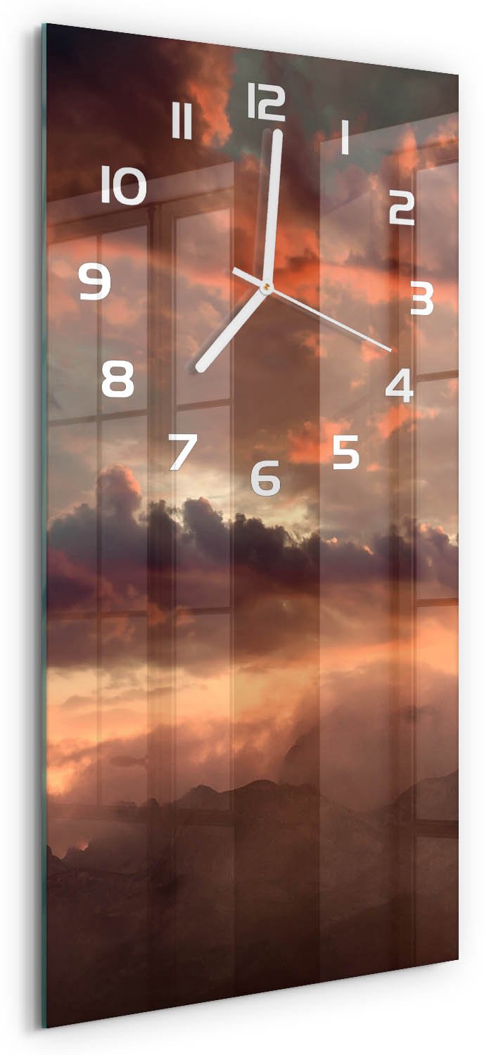 Tulup Wandklok - Bergen bij zonsondergang Glazen Klok Met Print - 30x60 cm - Oranje Wandklok Glas Met Motief - Witte handen - Rechthoekige Klok - Wandklok Glas Decoratie - Gekleurde Glazen Klok