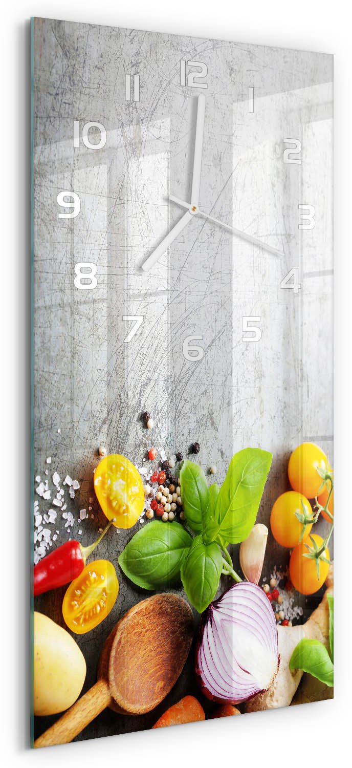 Tulup Wandklok - Groenten Decoratieve Glazen Klok - 30x60 cm - Veelkleurig Glazen Wandklok Design - Witte handen - Rechthoekige Klok - Glazen Klok Met Print - Wandklok Glas Met Motief