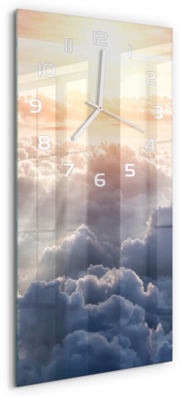 Tulup Wandklok - Wolken gezien vanuit vogelperspectief Glazen Wandklok Design - 30x60 cm - Geel Klok Glas Met Opdruk - Witte handen - Rechthoekige Klok - Wandklok Glas Met Motief - Decoratieve Glazen Klok