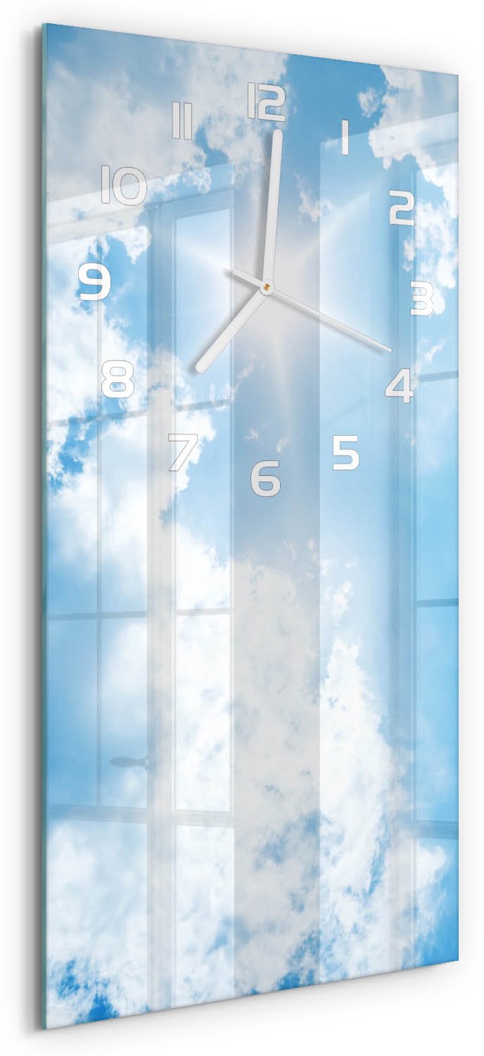 Tulup Wandklok - Wolken aan de hemel Decoratieve Glazen Klok - 30x60 cm - Blauw Glazen Wandklok Design - Witte handen - Rechthoekige Klok - Glazen Klok Met Print - Wandklok Glas Met Motief