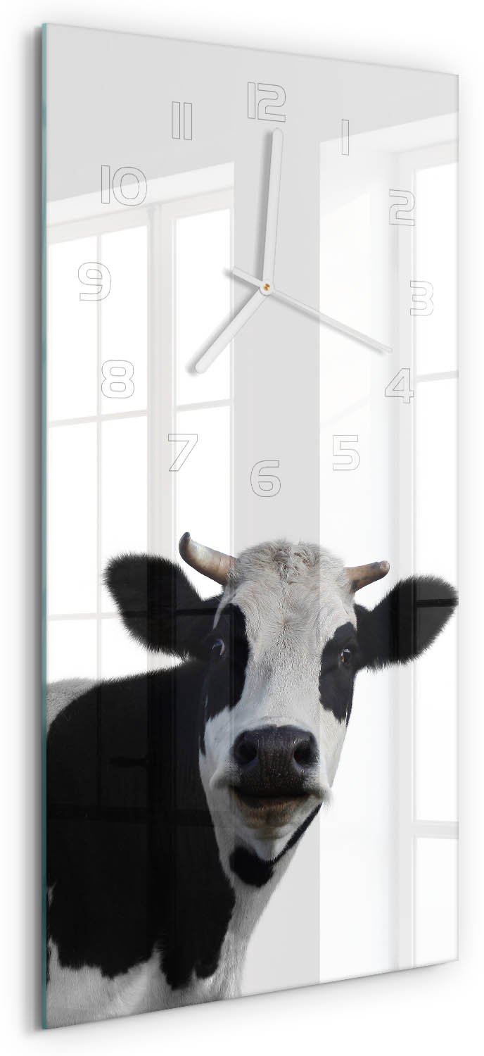 Tulup Wandklok - Koe Moderne Wandklok Glas - 30x60 cm - Zwart-wit Wandklok Glas Decoratie - Witte handen - Rechthoekige Klok - Glazen Wandklok Design - Klok Glas Met Opdruk