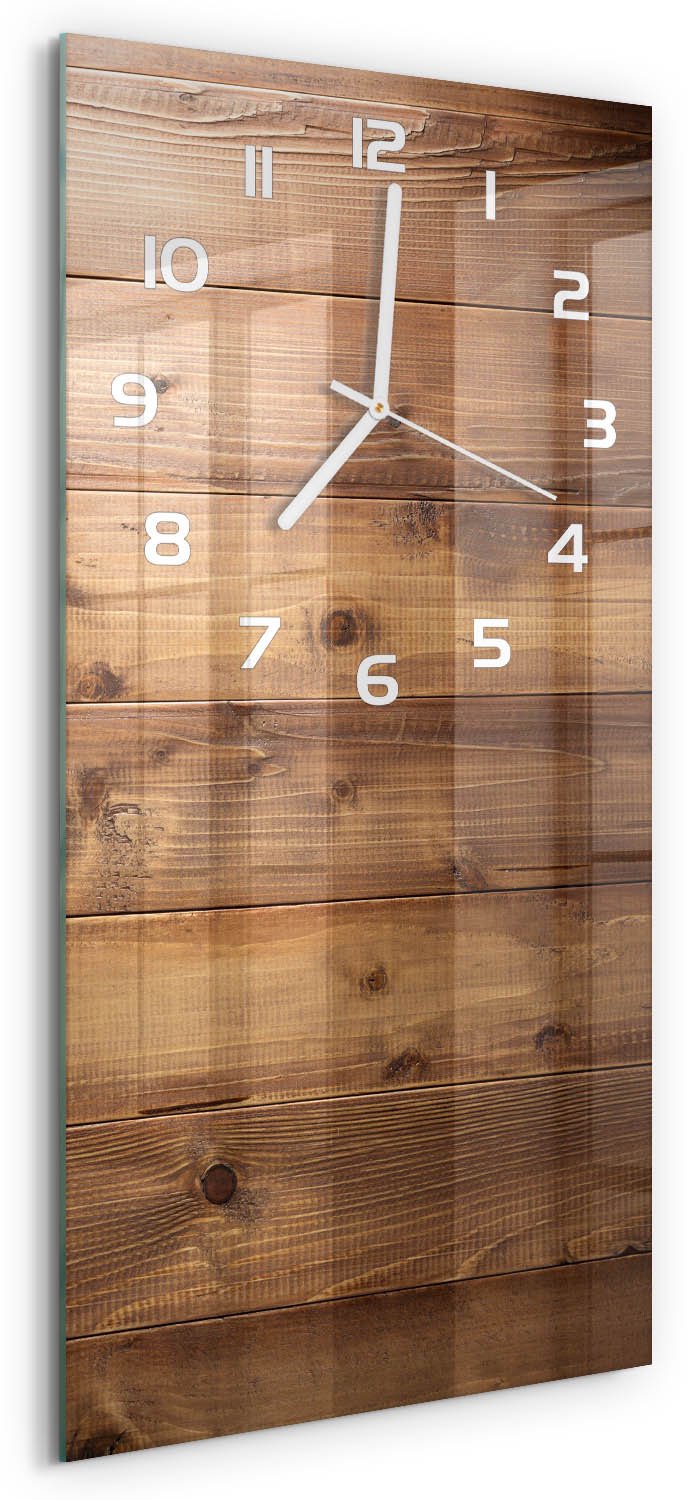 Tulup Wandklok - Houten achtergrond Moderne Wandklok Glas - 30x60 cm - Bruin Wandklok Glas Decoratie - Witte handen - Rechthoekige Klok - Glazen Wandklok Design - Klok Glas Met Opdruk