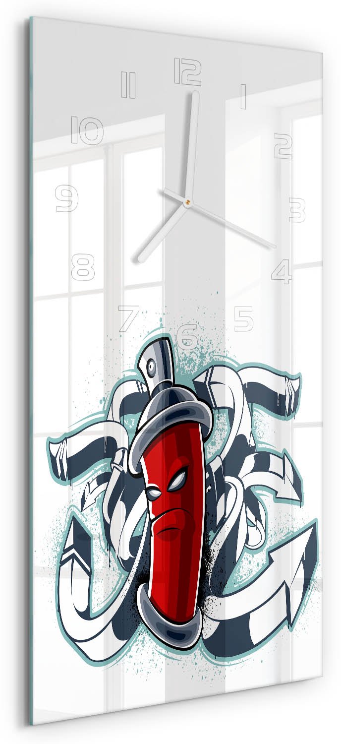Tulup Wandklok - Graffiti Glazen Klok Met Print - 30x60 cm - Rood Wandklok Glas Met Motief - Witte handen - Rechthoekige Klok - Wandklok Glas Decoratie - Gekleurde Glazen Klok