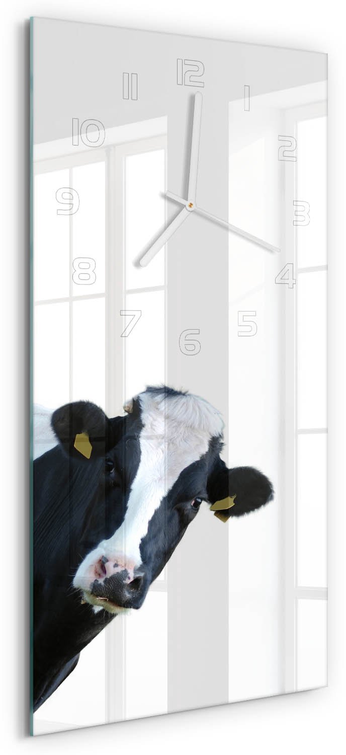 Tulup Wandklok - Koe Gekleurde Glazen Klok - 30x60 cm - Zwart-wit Glazen Klok Met Print - Witte handen - Rechthoekige Klok - Moderne Wandklok Glas - Wandklok Glas Decoratie