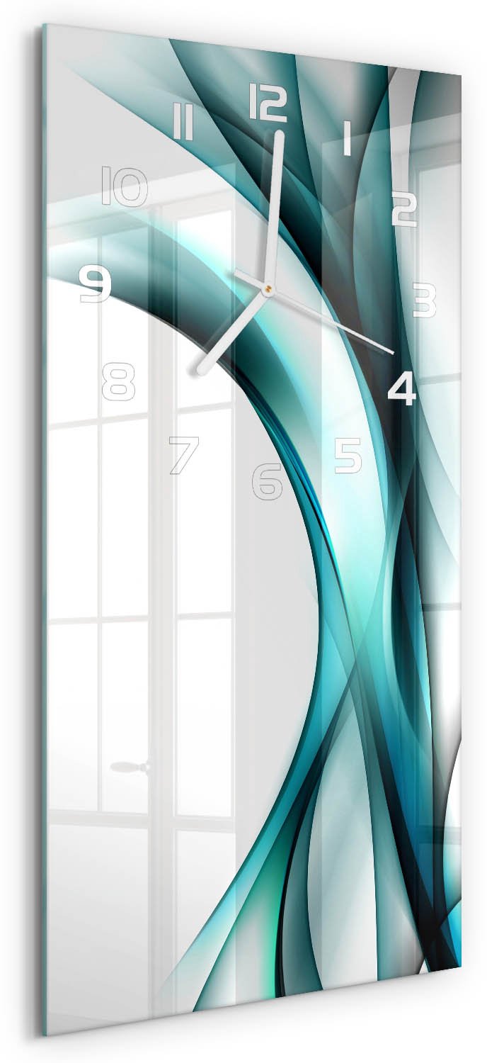 Tulup Wandklok - Golfabstractie Klok Glas Met Opdruk - 30x60 cm - Blauw Moderne Wandklok Glas - Witte handen - Rechthoekige Klok - Decoratieve Glazen Klok - Glazen Wandklok Design
