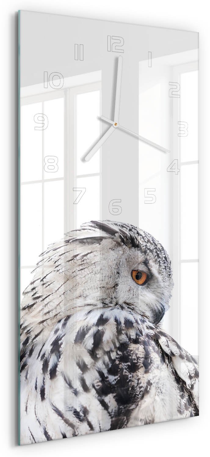 Tulup Wandklok - Witte Uil Glazen Klok Met Print - 30x60 cm - Wit Wandklok Glas Met Motief - Witte handen - Rechthoekige Klok - Wandklok Glas Decoratie - Gekleurde Glazen Klok