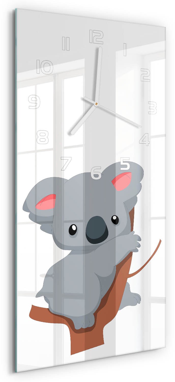 Tulup Wandklok - Koala in een boom Klok Glas Met Opdruk - 30x60 cm - Grijs Moderne Wandklok Glas - Witte handen - Rechthoekige Klok - Decoratieve Glazen Klok - Glazen Wandklok Design