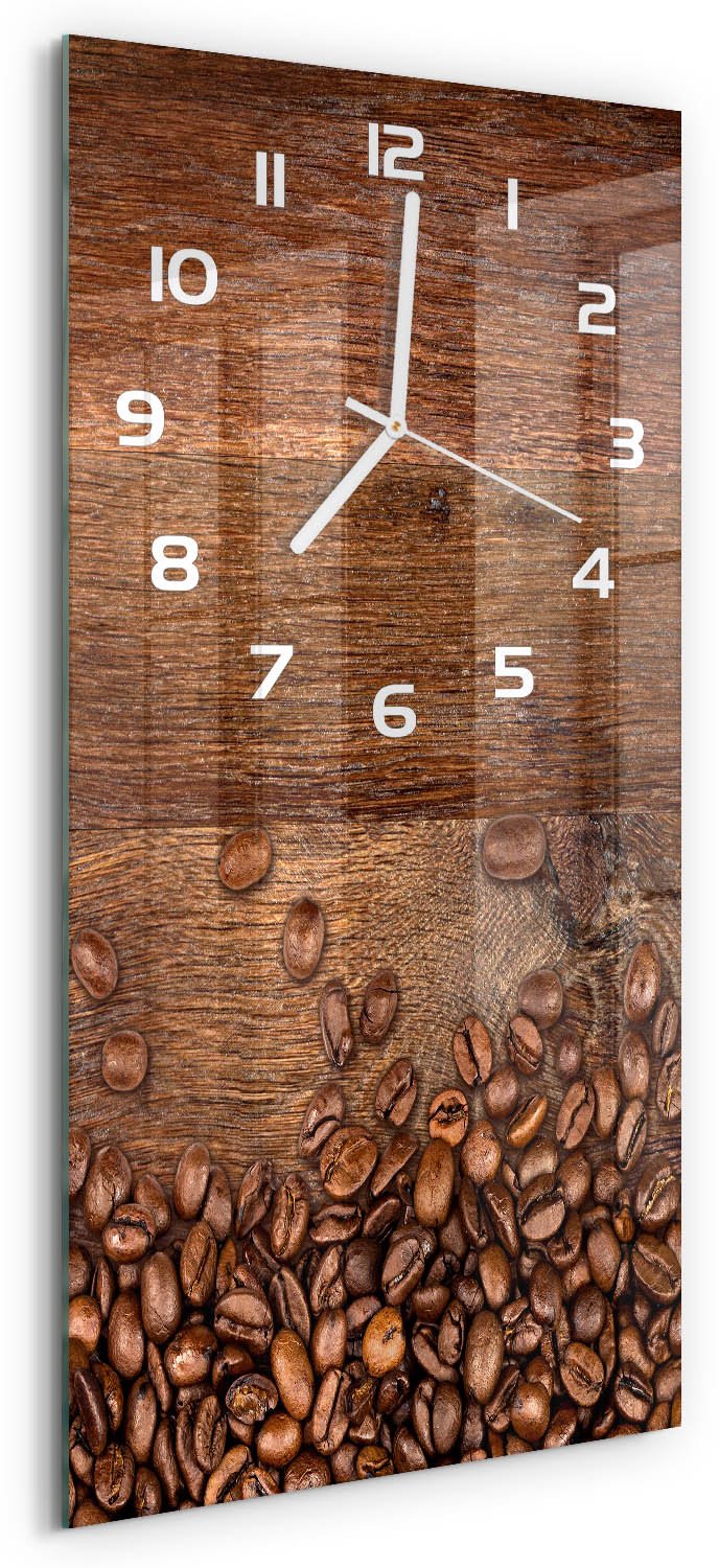 Tulup Wandklok - Koffiebonen Wandklok Glas Decoratie - 30x60 cm - Bruin Gekleurde Glazen Klok - Witte handen - Rechthoekige Klok - Klok Glas Met Opdruk - Moderne Wandklok Glas