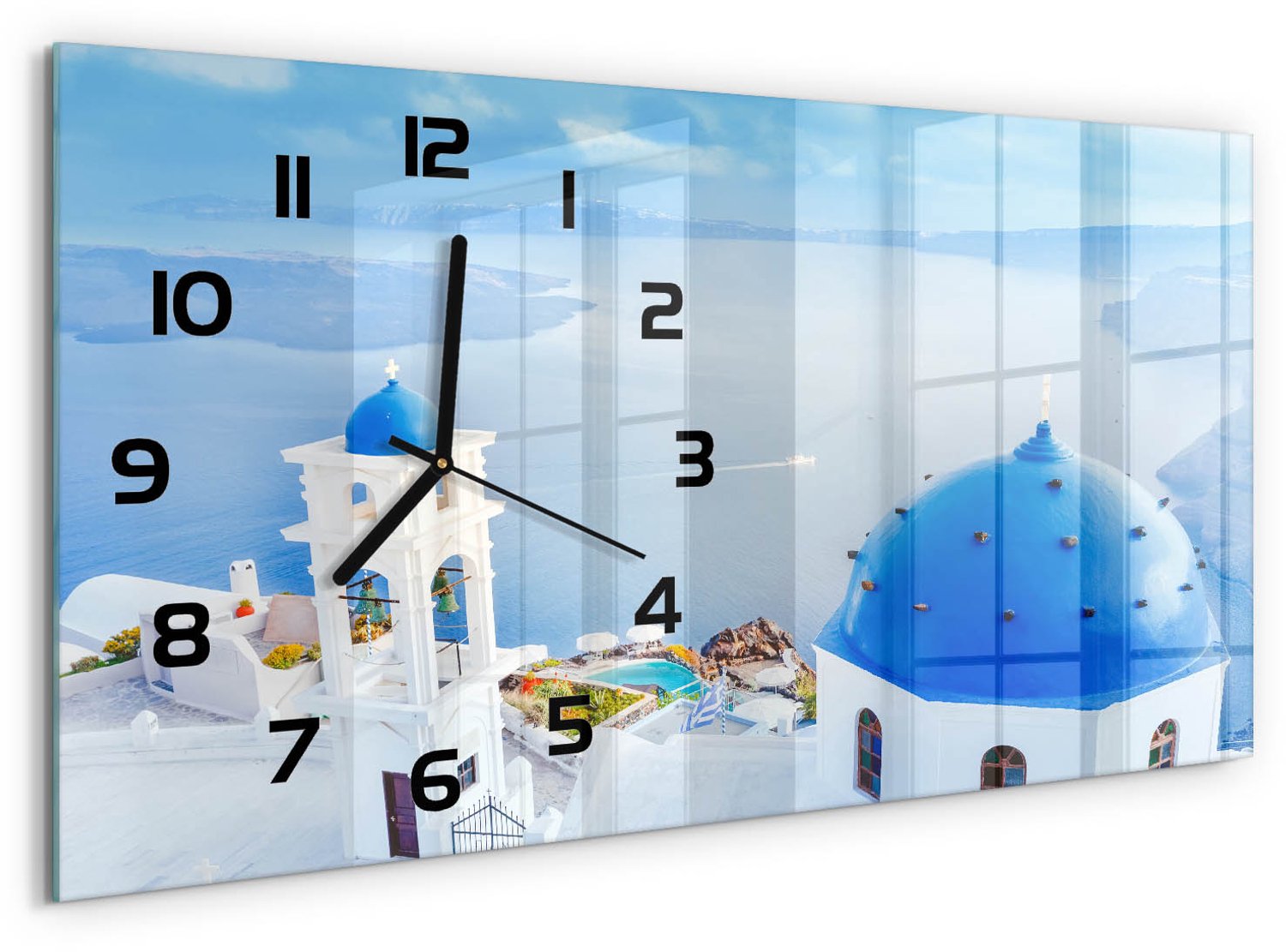 TULUP Wandklok - Santorini, Griekenland Moderne Wandklok Glas - 60x30 cm - Blauw Wandklok Glas Decoratie - Zwarte handen - Rechthoekige Klok - Glazen Wandklok Design - Klok Glas Met Opdruk