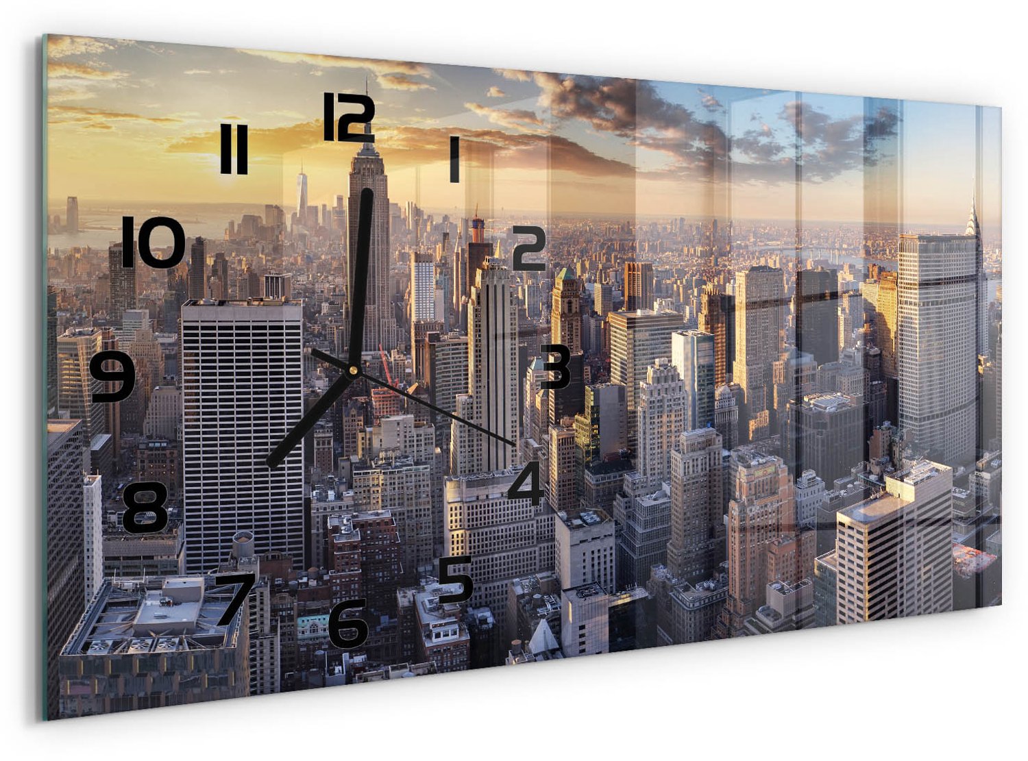 TULUP Wandklok - Vogelsvlucht in New York Wandklok Glas Met Motief - 60x30 cm - Beige Decoratieve Glazen Klok - Zwarte handen - Rechthoekige Klok - Gekleurde Glazen Klok - Glazen Klok Met Print