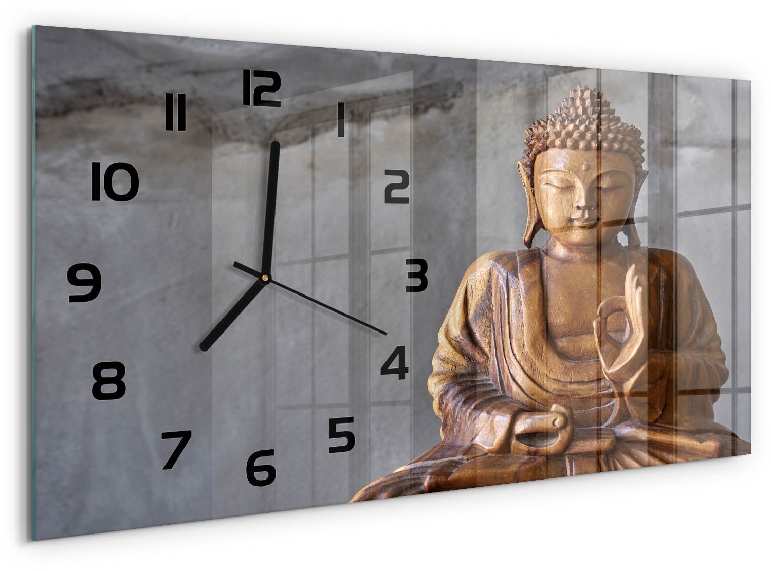 TULUP Wandklok - Houten Boeddha Klok Glas Met Opdruk - 60x30 cm - Bruin Moderne Wandklok Glas - Zwarte handen - Rechthoekige Klok - Decoratieve Glazen Klok - Glazen Wandklok Design