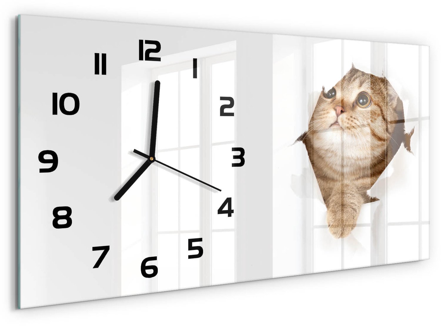 TULUP Wandklok - Kat Decoratieve Glazen Klok - 60x30 cm - Beige Glazen Wandklok Design - Zwarte handen - Rechthoekige Klok - Glazen Klok Met Print - Wandklok Glas Met Motief