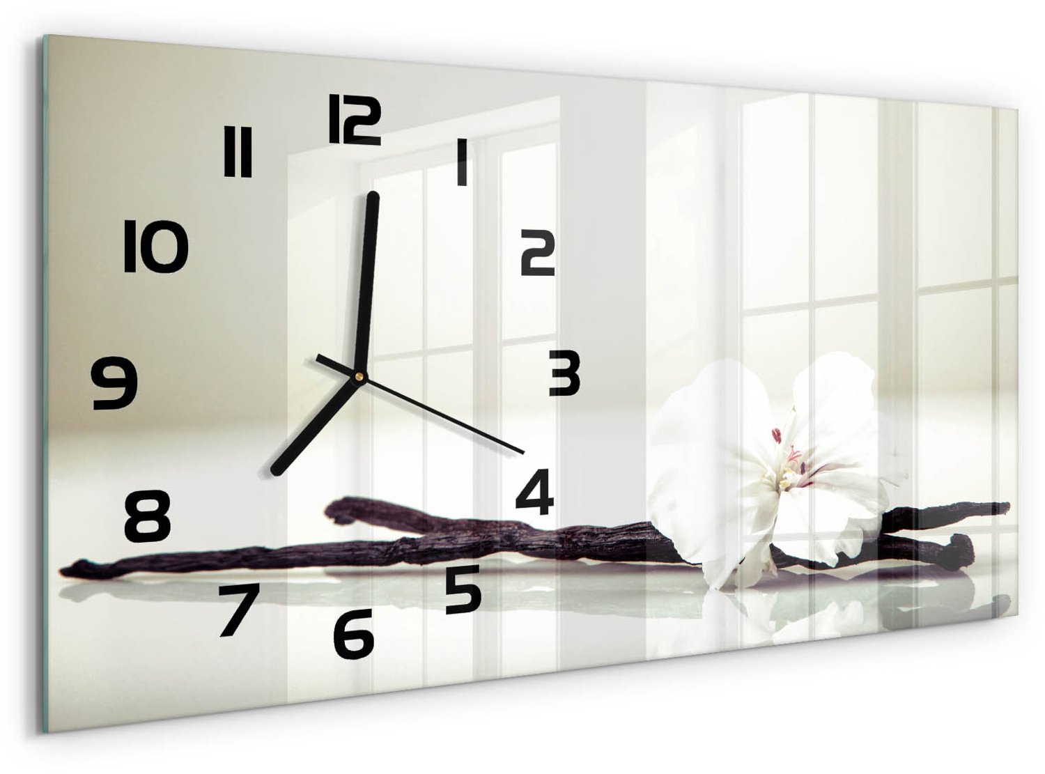 TULUP Wandklok - Vanilleboon Wandklok Glas Met Motief - 60x30 cm - Wit Decoratieve Glazen Klok - Zwarte handen - Rechthoekige Klok - Gekleurde Glazen Klok - Glazen Klok Met Print