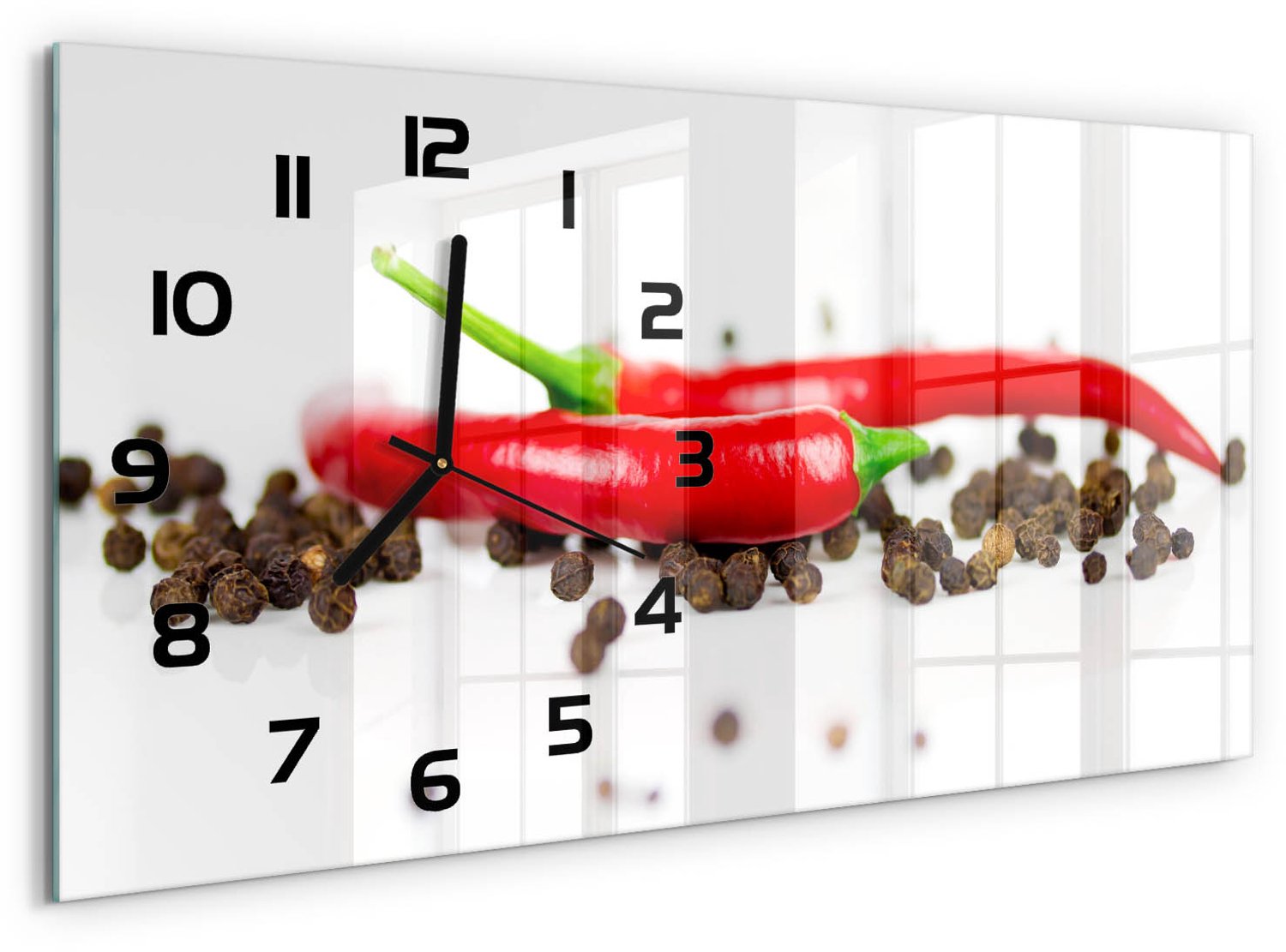 TULUP Wandklok - Chili en peper Glazen Wandklok Design - 60x30 cm - Rood Klok Glas Met Opdruk - Zwarte handen - Rechthoekige Klok - Wandklok Glas Met Motief - Decoratieve Glazen Klok