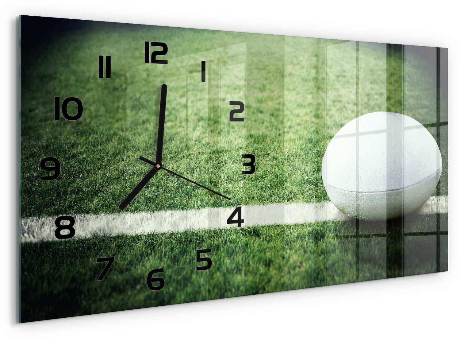 TULUP Wandklok - Rugbybal Gekleurde Glazen Klok - 60x30 cm - Groente Glazen Klok Met Print - Zwarte handen - Rechthoekige Klok - Moderne Wandklok Glas - Wandklok Glas Decoratie