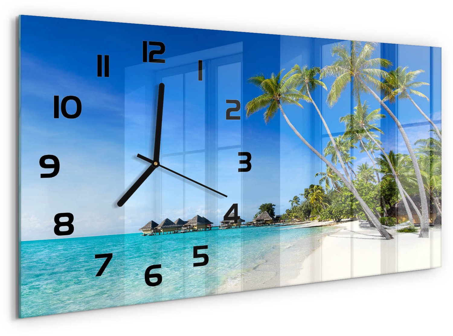 TULUP Wandklok - Maldiven Glazen Wandklok Design - 60x30 cm - Blauw Klok Glas Met Opdruk - Zwarte handen - Rechthoekige Klok - Wandklok Glas Met Motief - Decoratieve Glazen Klok