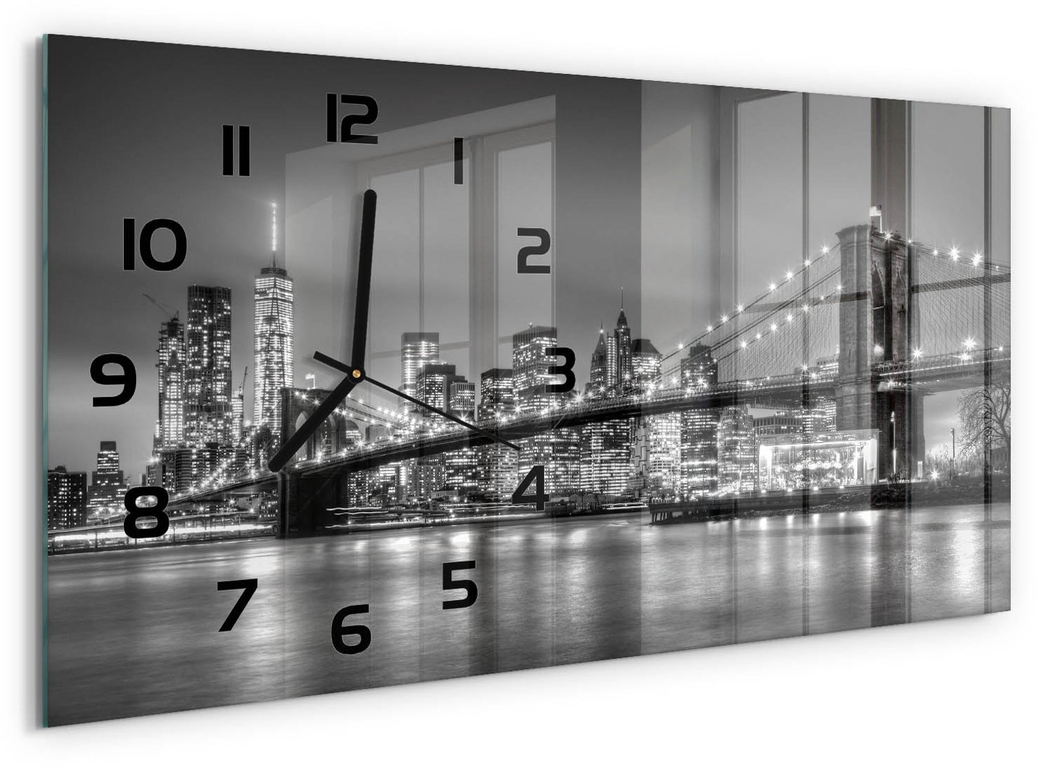 TULUP Wandklok - Brooklynbrug Glazen Klok Met Print - 60x30 cm - Zwart-wit Wandklok Glas Met Motief - Zwarte handen - Rechthoekige Klok - Wandklok Glas Decoratie - Gekleurde Glazen Klok