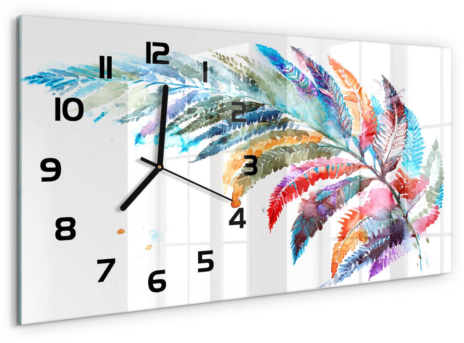 TULUP Wandklok - Kleurrijke pen Glazen Wandklok Design - 60x30 cm - Veelkleurig Klok Glas Met Opdruk - Zwarte handen - Rechthoekige Klok - Wandklok Glas Met Motief - Decoratieve Glazen Klok