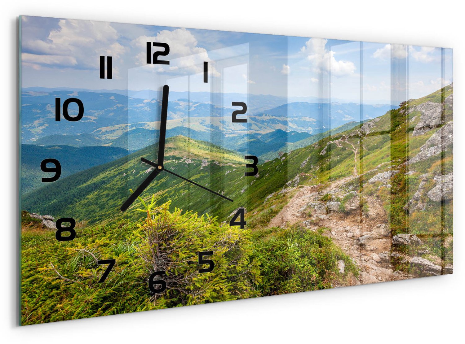 TULUP Wandklok - Groene heuvels Decoratieve Glazen Klok - 60x30 cm - Groente Glazen Wandklok Design - Zwarte handen - Rechthoekige Klok - Glazen Klok Met Print - Wandklok Glas Met Motief