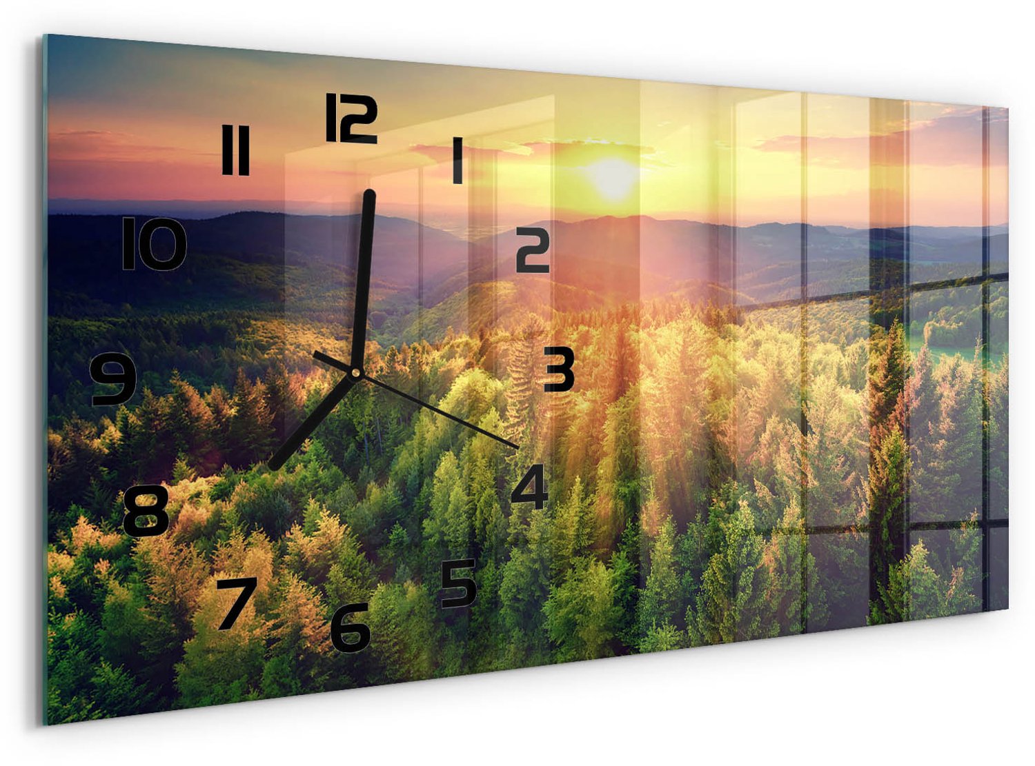 TULUP Wandklok - Zonsondergang in het bos Moderne Wandklok Glas - 60x30 cm - Geel Wandklok Glas Decoratie - Zwarte handen - Rechthoekige Klok - Glazen Wandklok Design - Klok Glas Met Opdruk