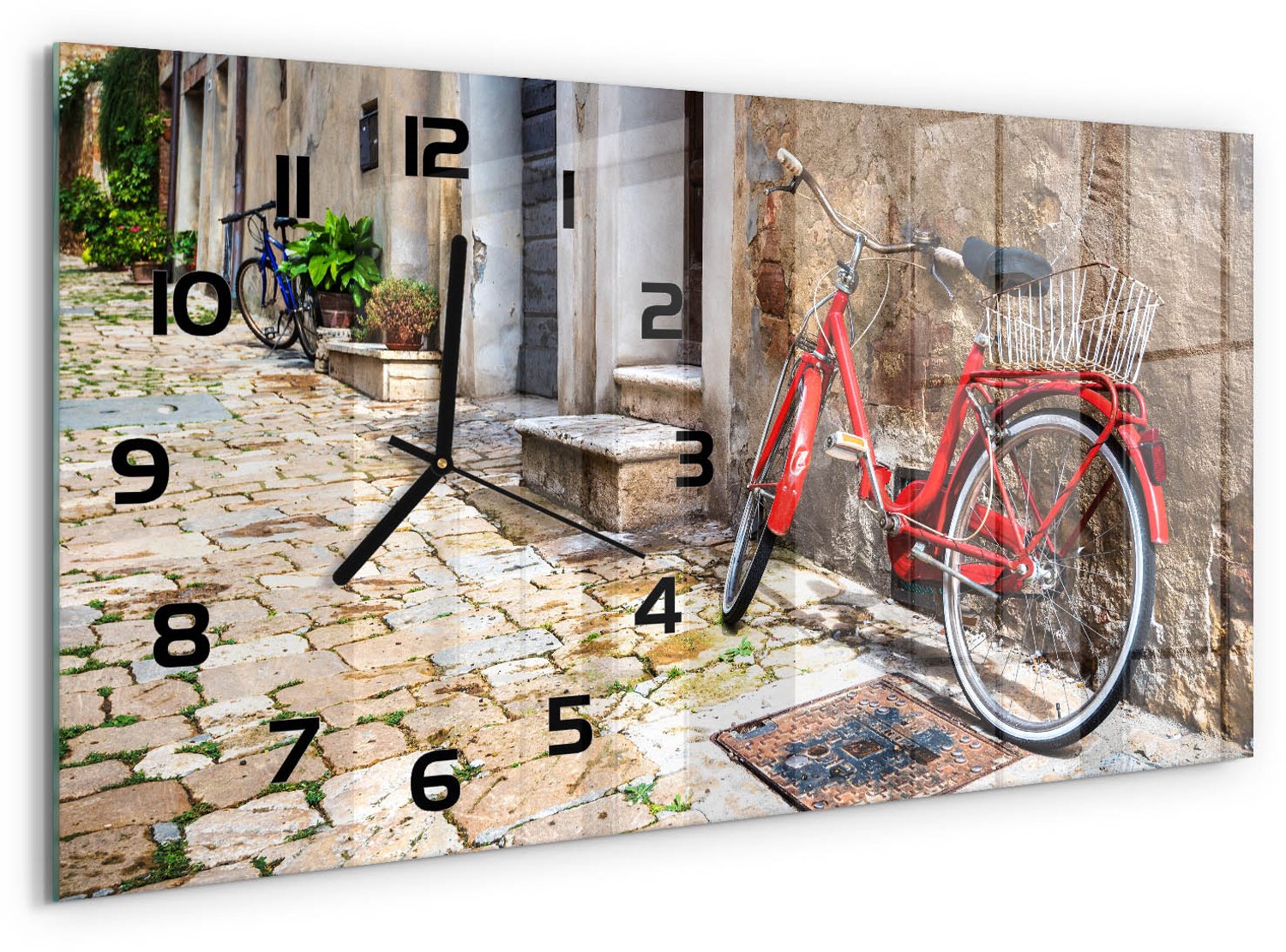 TULUP Wandklok - Rode fiets Moderne Wandklok Glas - 60x30 cm - Rood Wandklok Glas Decoratie - Zwarte handen - Rechthoekige Klok - Glazen Wandklok Design - Klok Glas Met Opdruk