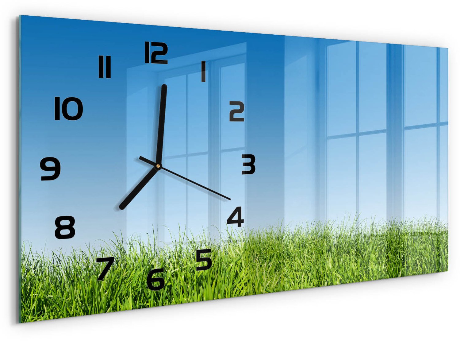 TULUP Wandklok - Gras Glazen Wandklok Design - 60x30 cm - Groente Klok Glas Met Opdruk - Zwarte handen - Rechthoekige Klok - Wandklok Glas Met Motief - Decoratieve Glazen Klok