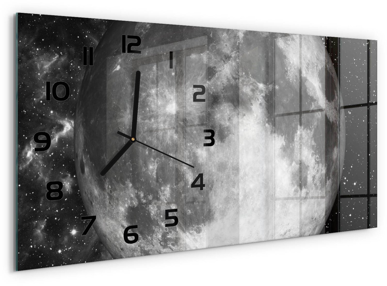 TULUP Wandklok - Maan Wandklok Glas Met Motief - 60x30 cm - Zwart-wit Decoratieve Glazen Klok - Zwarte handen - Rechthoekige Klok - Gekleurde Glazen Klok - Glazen Klok Met Print