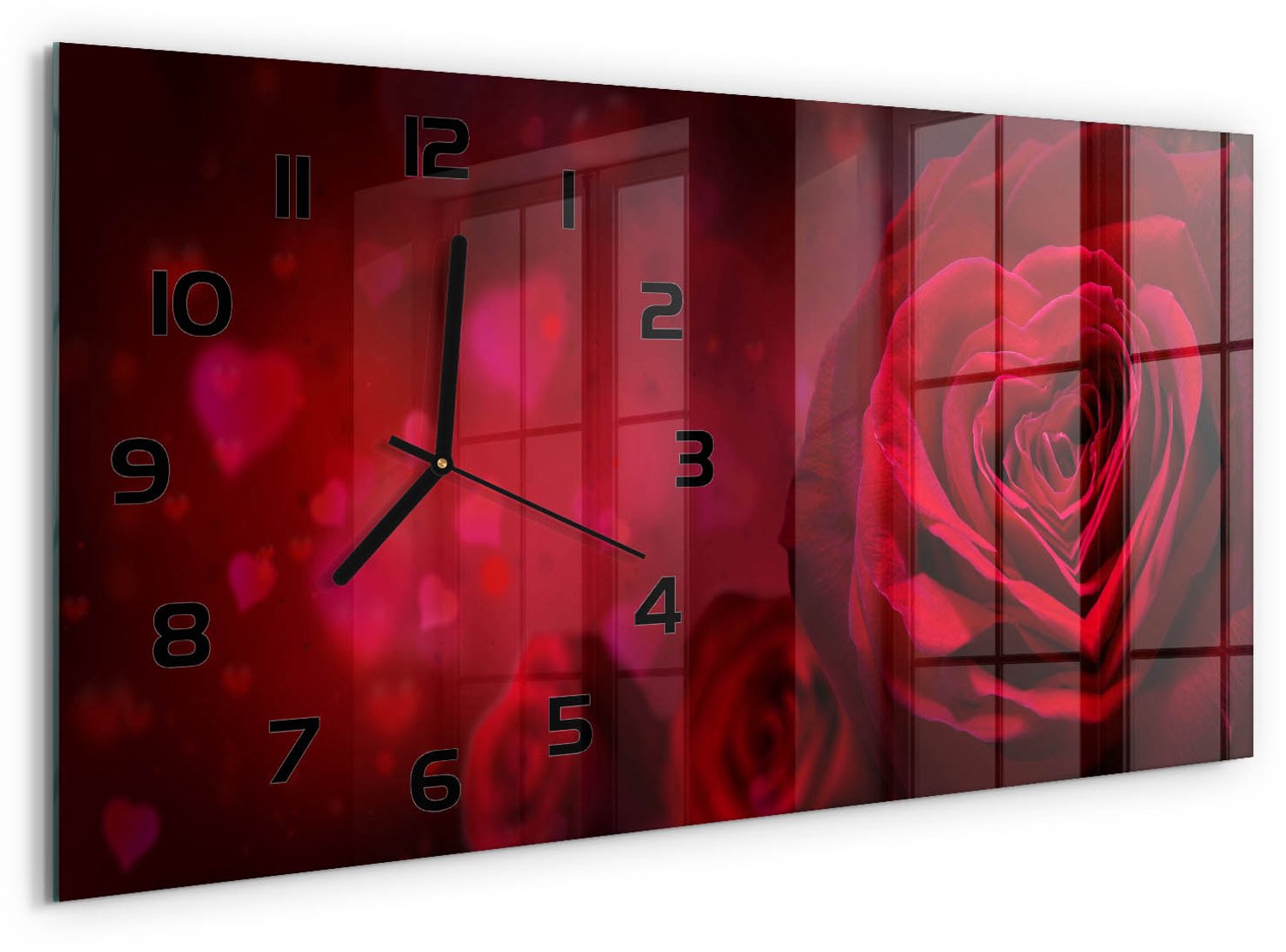 TULUP Wandklok - Rode rozenhart Glazen Klok Met Print - 60x30 cm - Rood Wandklok Glas Met Motief - Zwarte handen - Rechthoekige Klok - Wandklok Glas Decoratie - Gekleurde Glazen Klok