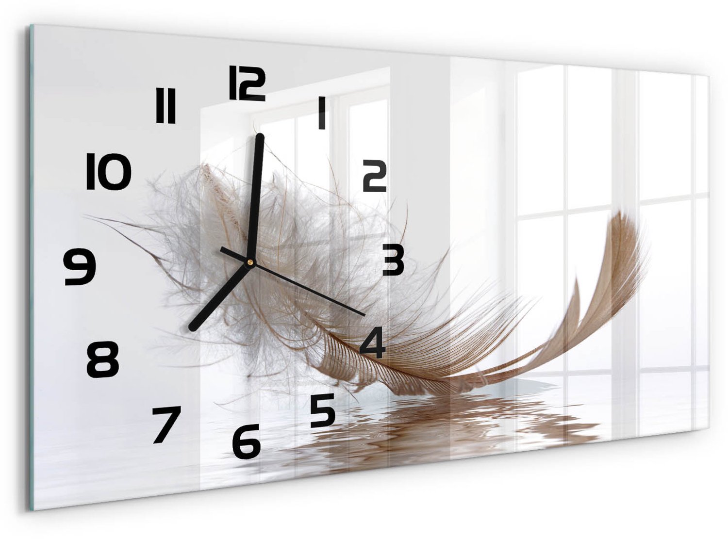 TULUP Wandklok - Veer op het water Wandklok Glas Met Motief - 60x30 cm - Beige Decoratieve Glazen Klok - Zwarte handen - Rechthoekige Klok - Gekleurde Glazen Klok - Glazen Klok Met Print