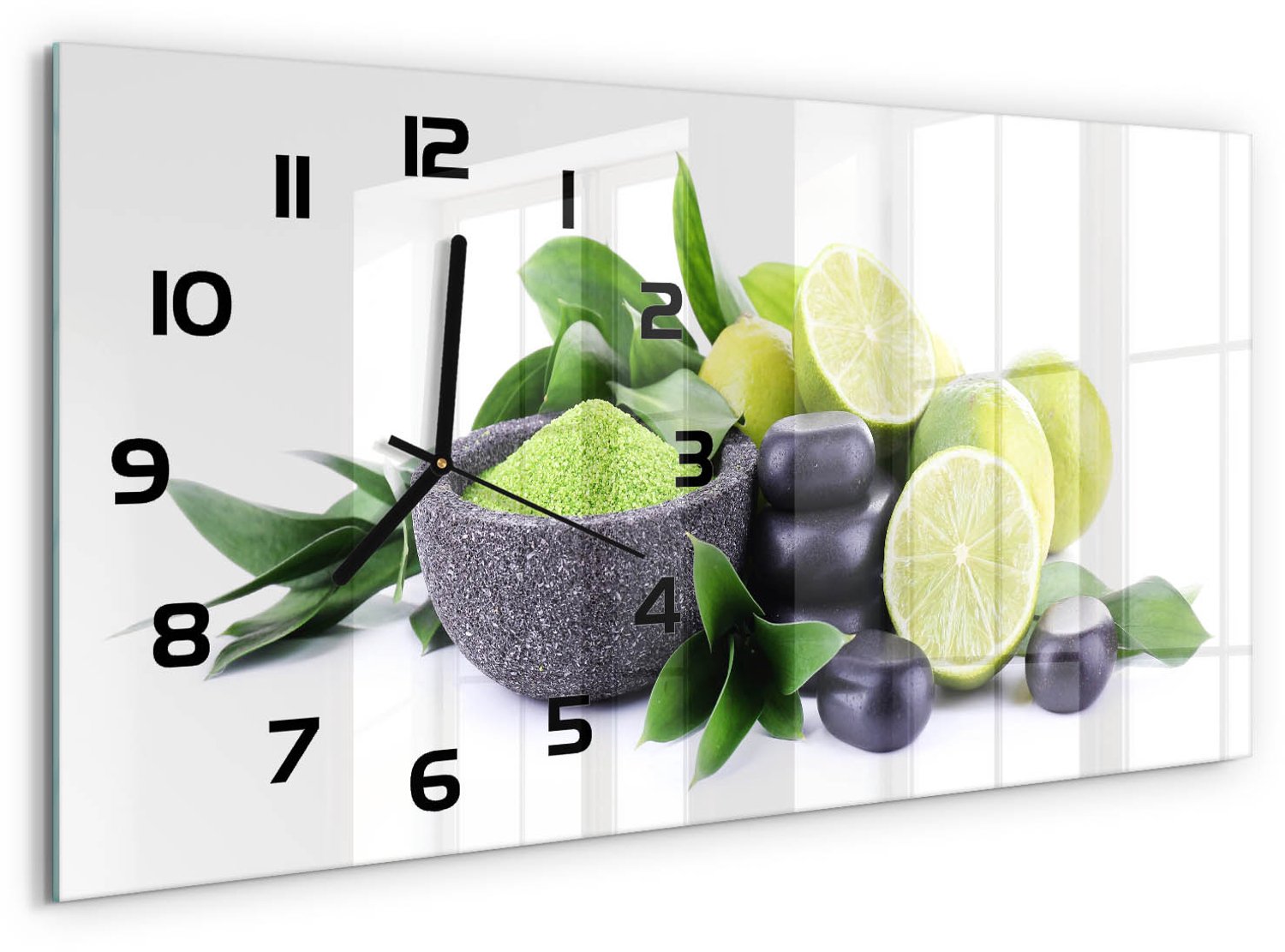 TULUP Wandklok - Kalk en stenen Klok Glas Met Opdruk - 60x30 cm - Groente Moderne Wandklok Glas - Zwarte handen - Rechthoekige Klok - Decoratieve Glazen Klok - Glazen Wandklok Design