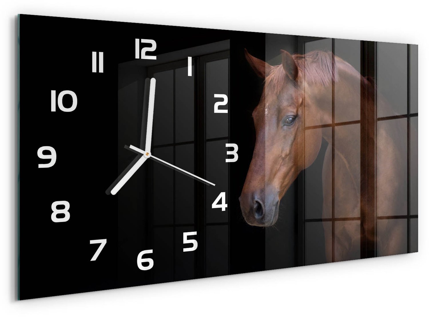 TULUP Wandklok - Bruin Paard Glazen Klok Met Print - 60x30 cm - Bruin Wandklok Glas Met Motief - Witte handen - Rechthoekige Klok - Wandklok Glas Decoratie - Gekleurde Glazen Klok